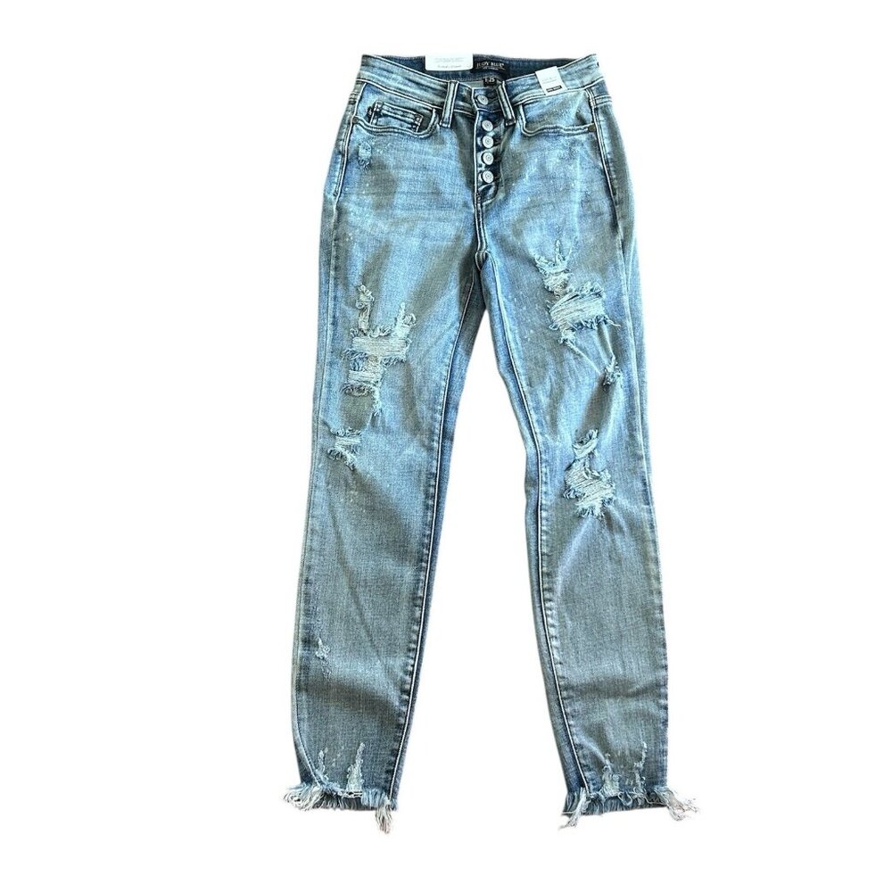 Judy Blue Jeans Sz 1/25 Skinny Fit Raw Hem Denim High Rise Distressed NWT